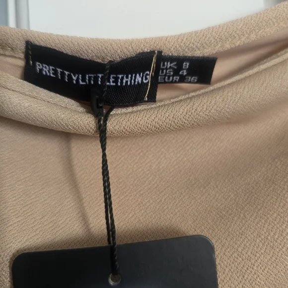 PrettyLittleThing Beige Off-Shoulder Long Sleeve Dress - Picture 3 of 4